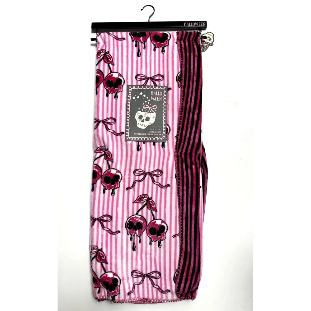 Halloween Pink Skull Cherry Reversible Plush Throw Blanket 50x70 Goth Kawaii NWT
